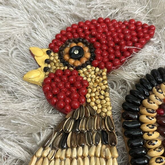 Vintage Mosaic Folk Art Handmade Rooster Seed Bean Wood Cutout Wall Decor - Picture 4 of 17